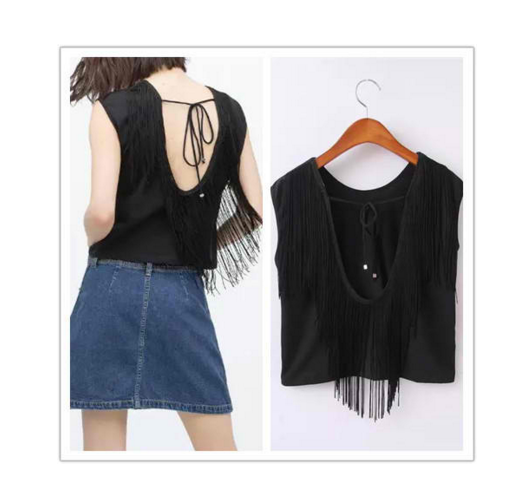 Backless tassel sleeveless T-shirt  women geek top